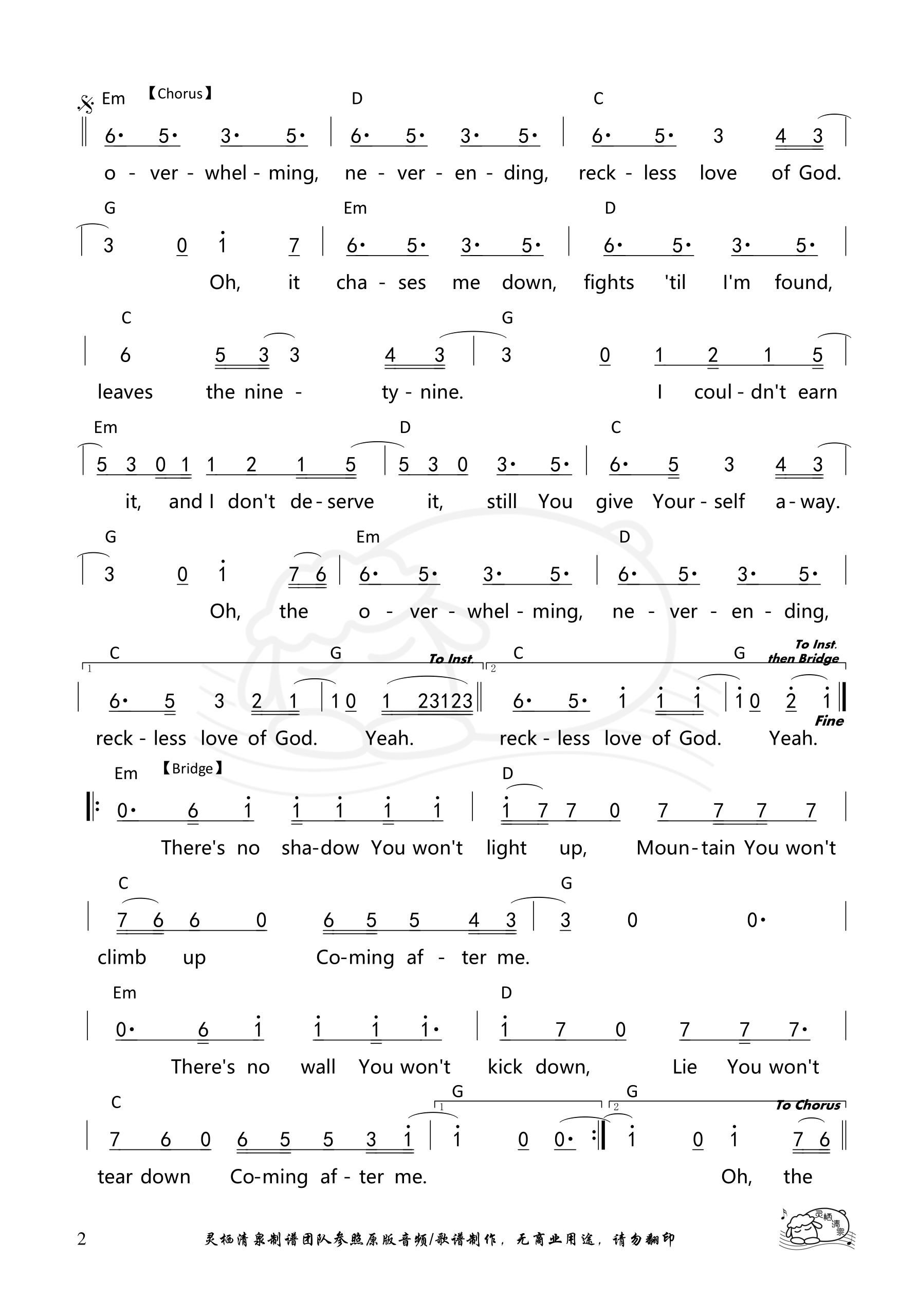 Reckless Love (G key) 和弦简谱 第 2 页