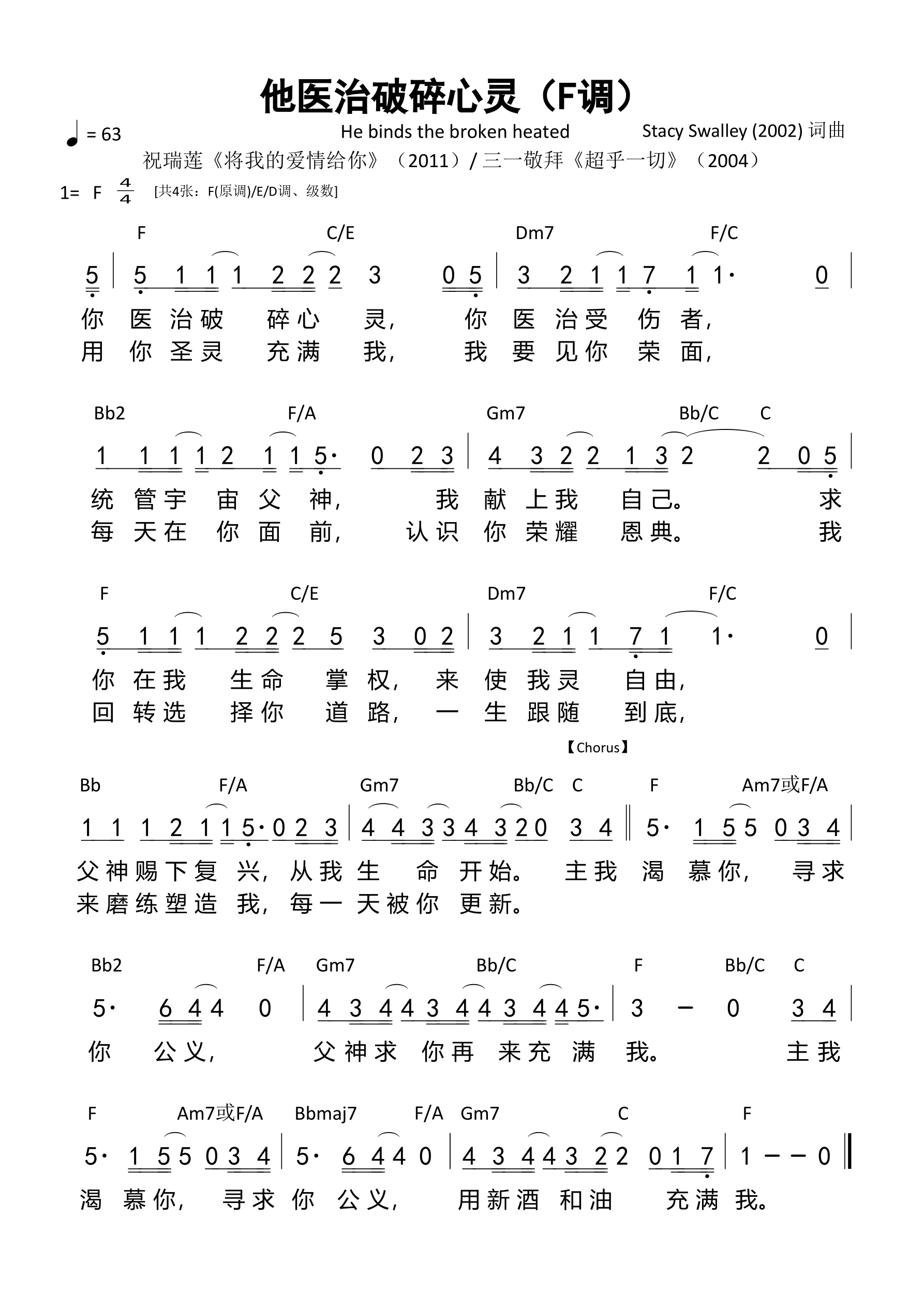 他医治破碎心灵（F调） 和弦简谱 第 1 页