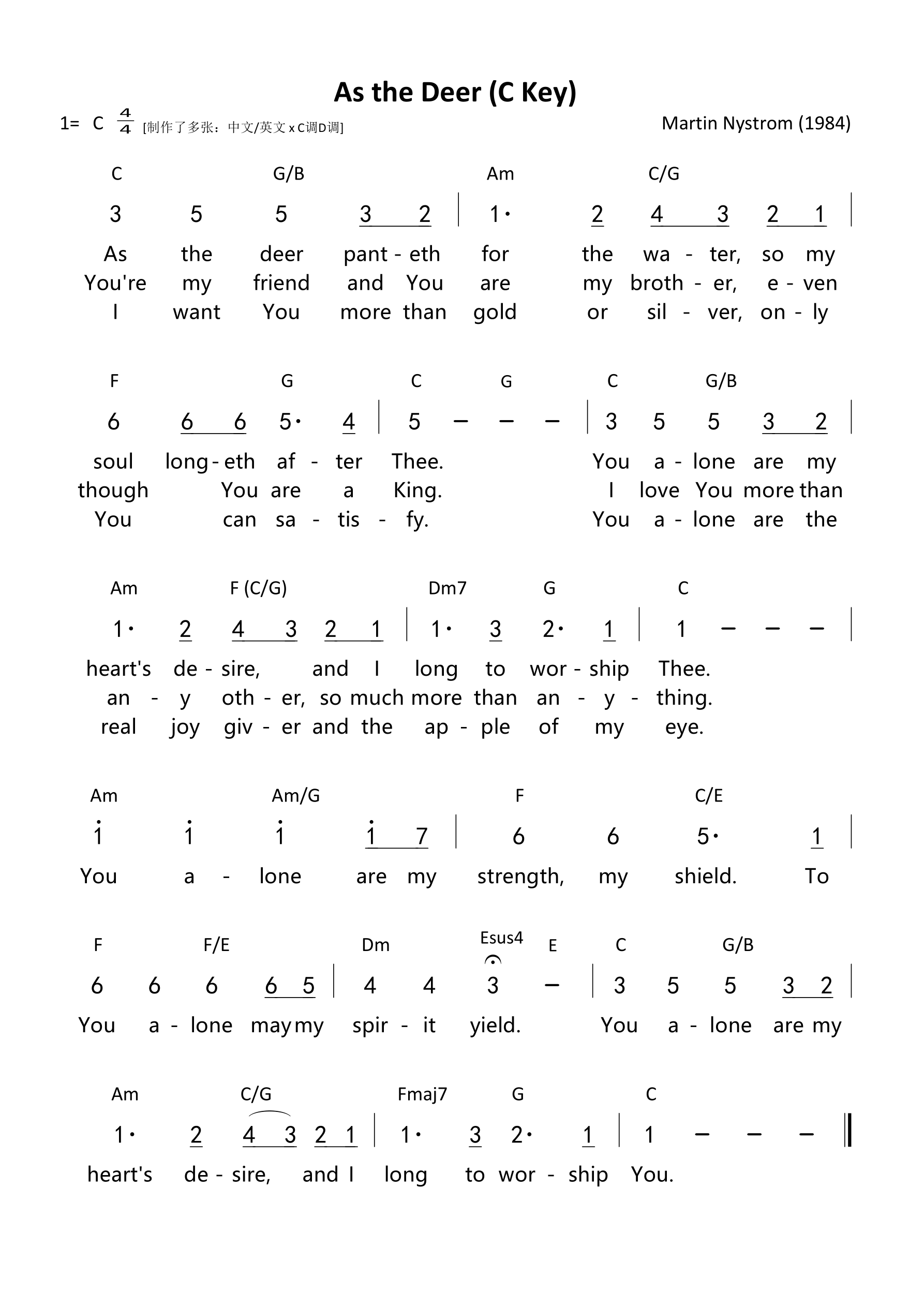 As the Deer (C Key) 和弦简谱 第 1 页