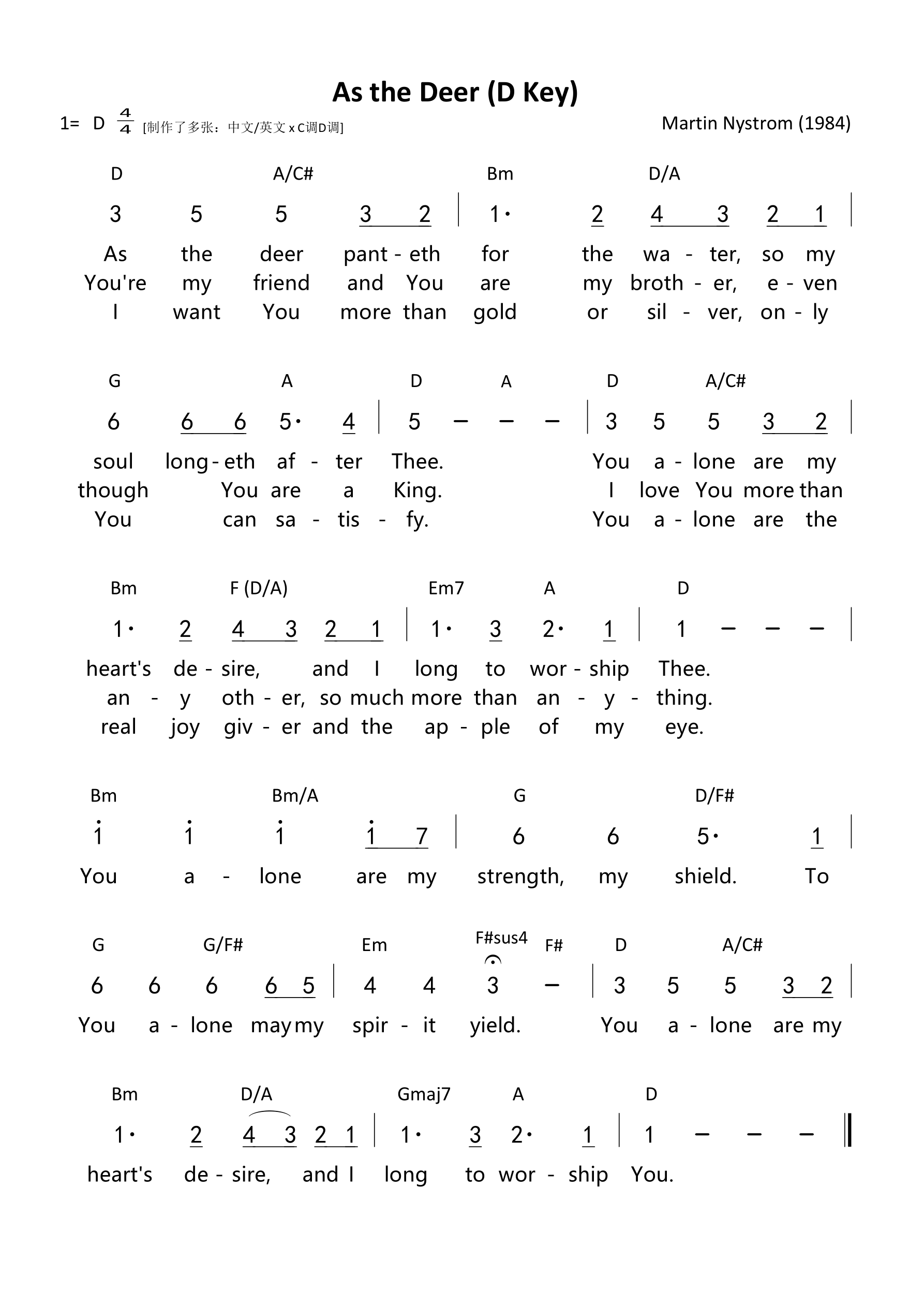 As the Deer (D Key) 和弦简谱 第 1 页