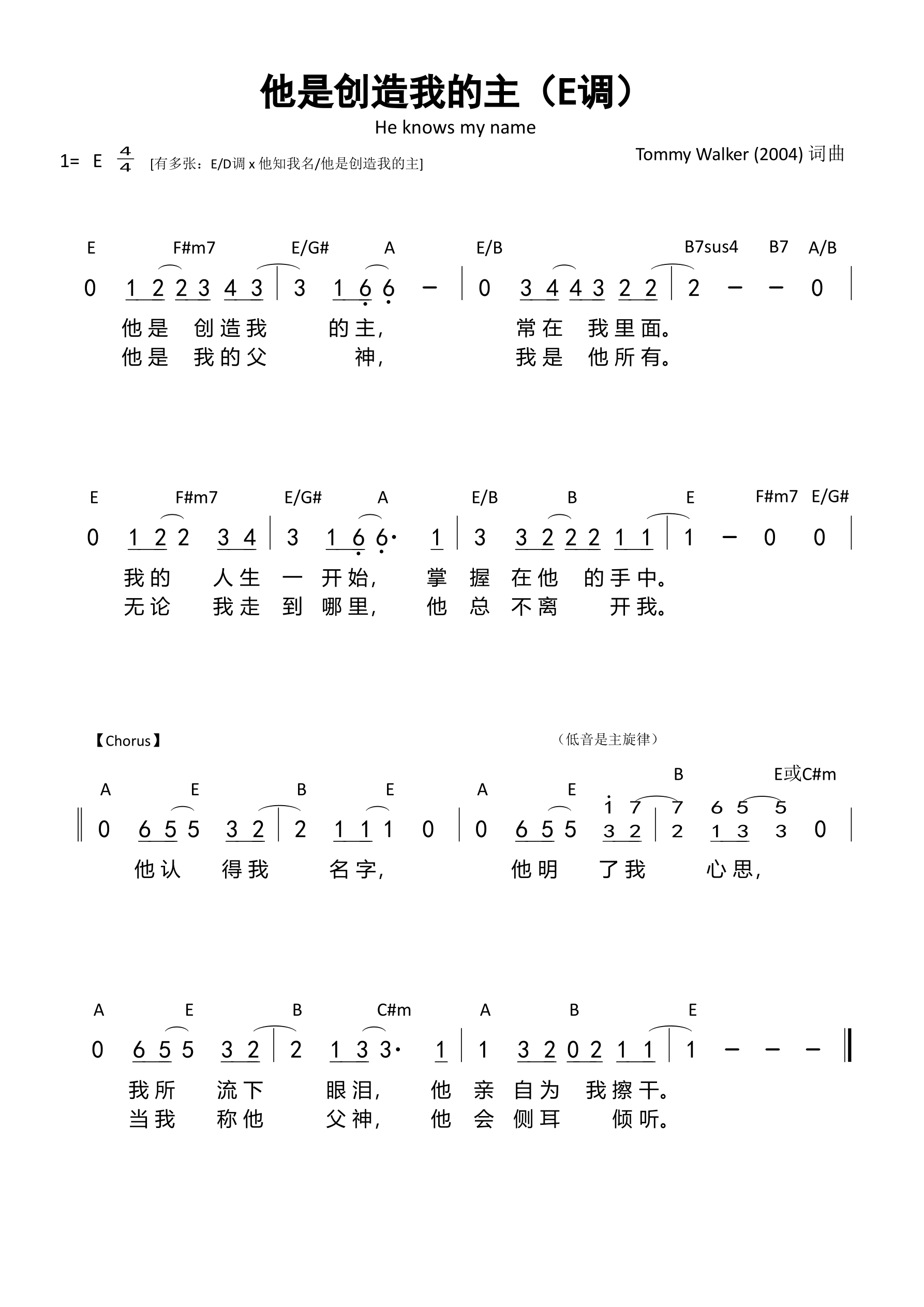 他是创造我的主（E调）和弦简谱 第 1 页