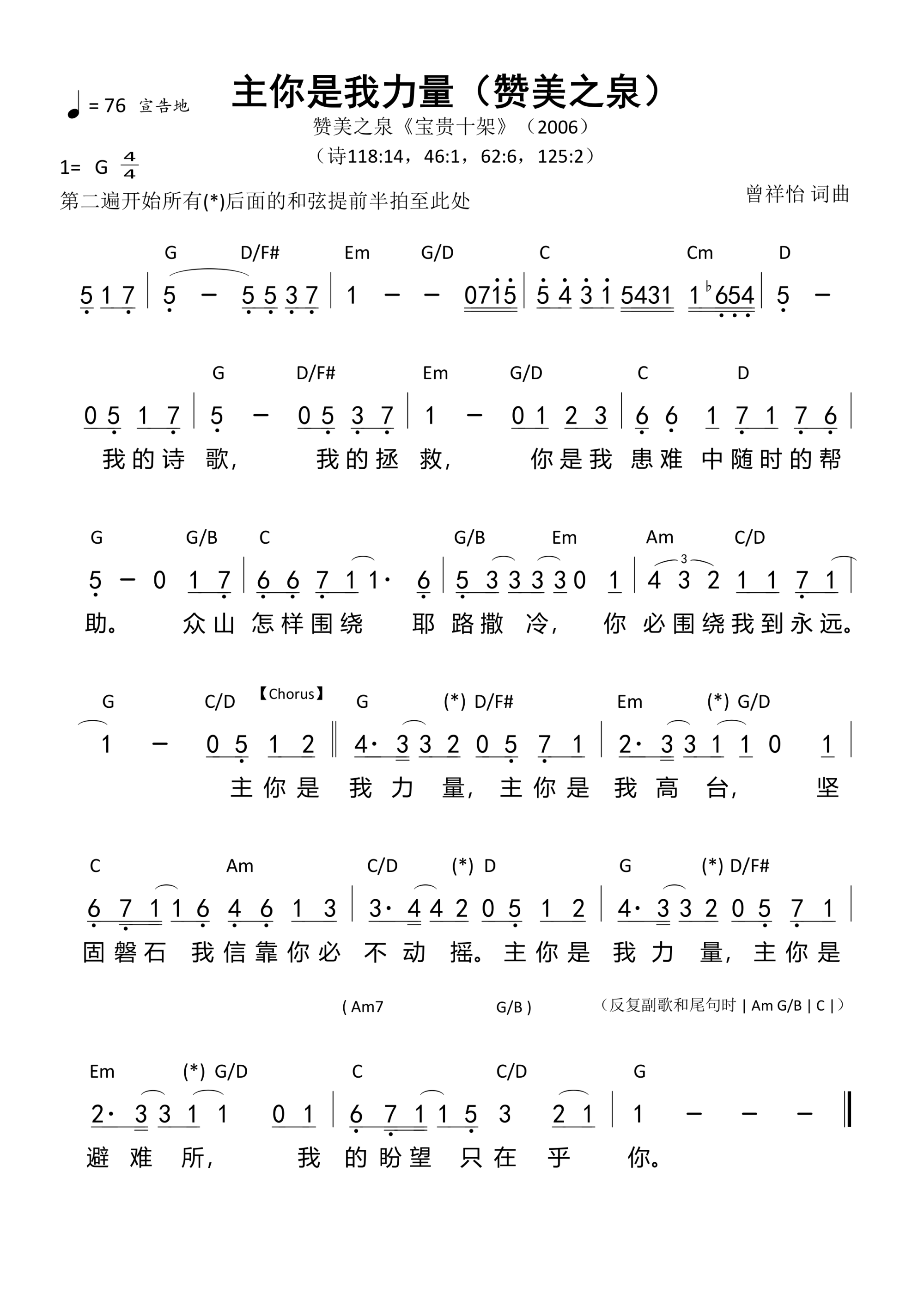 主你是我力量（赞美之泉）和弦简谱 第 1 页