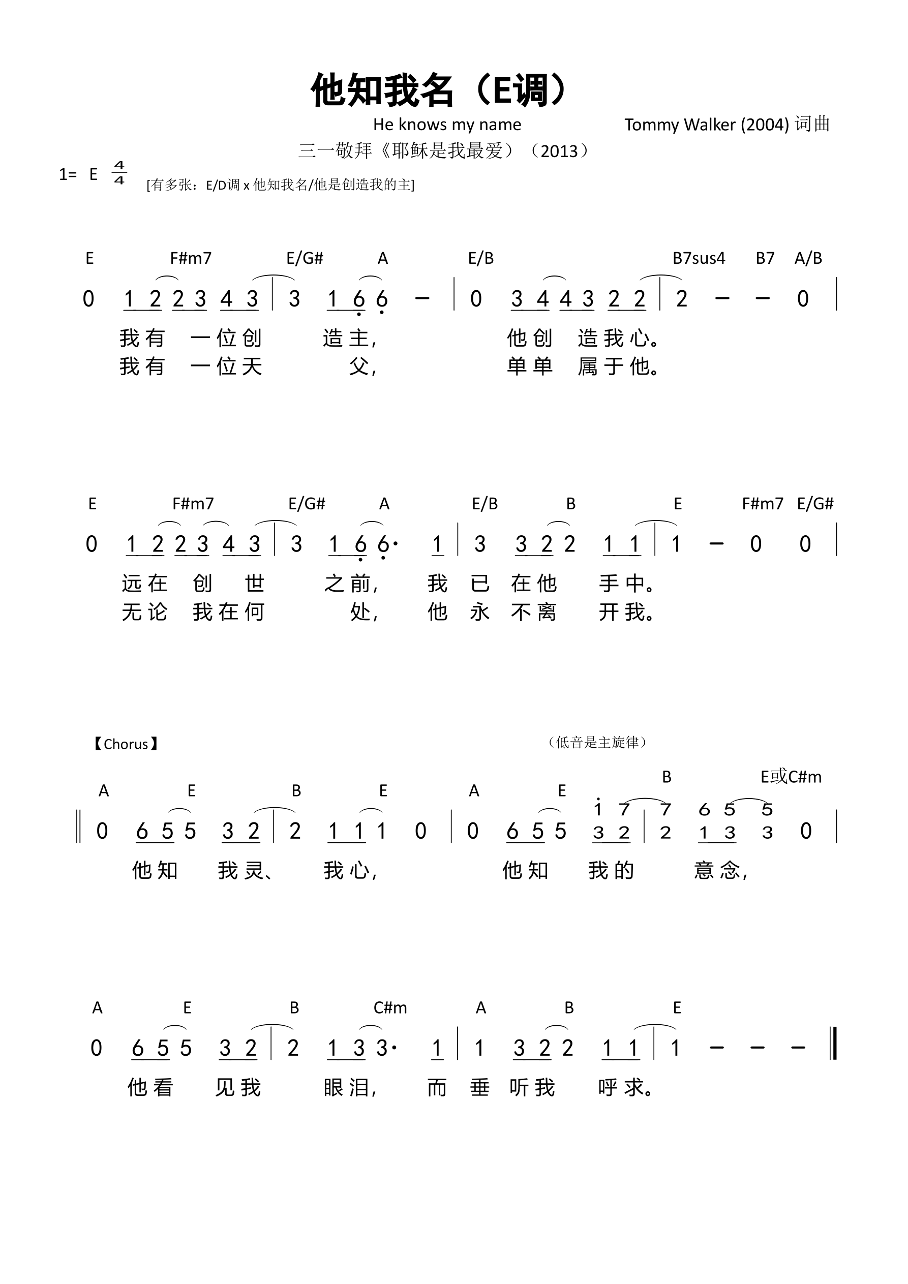 他知我名（E调）和弦简谱 第 1 页