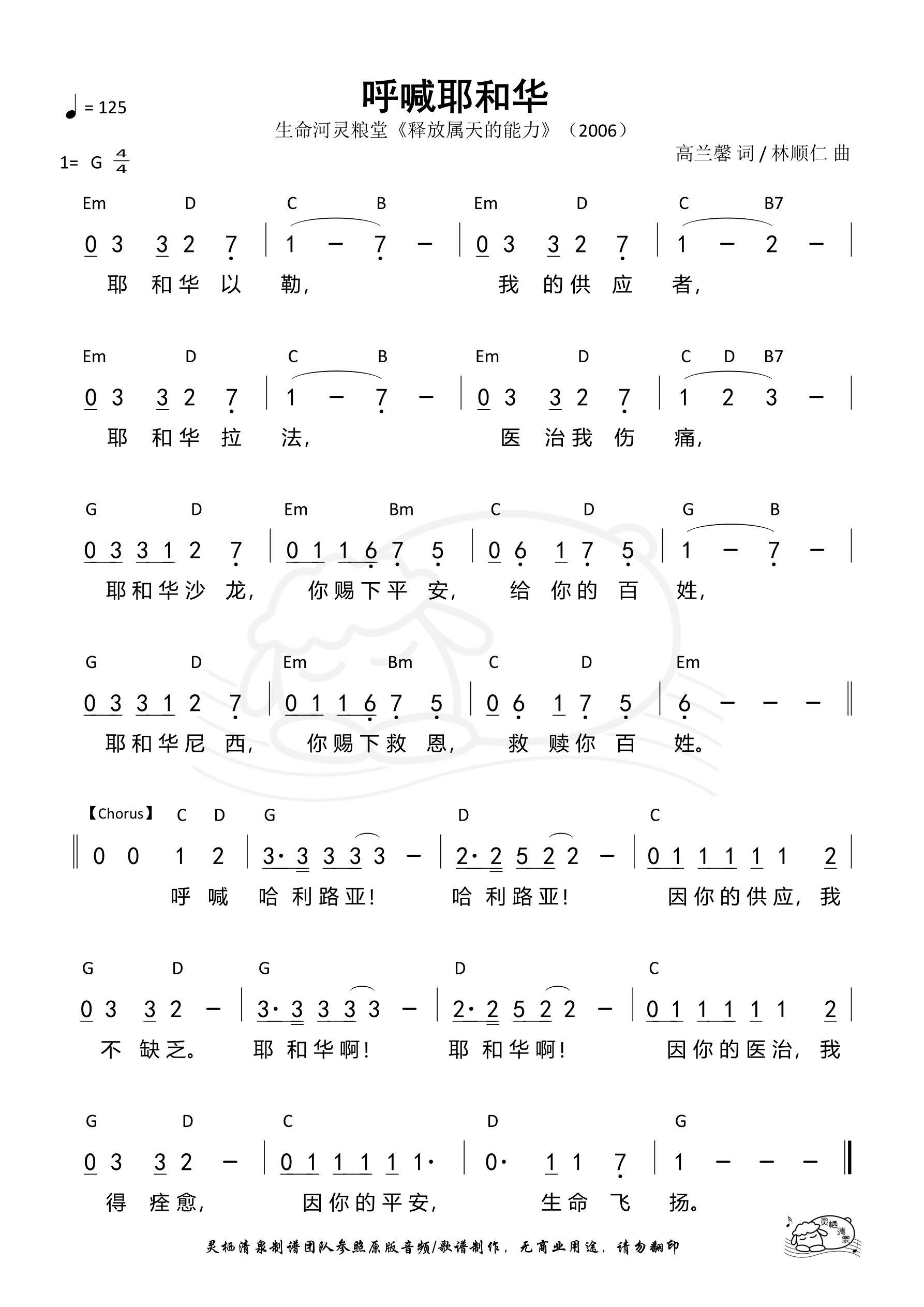 呼喊耶和华 和弦简谱 第 1 页