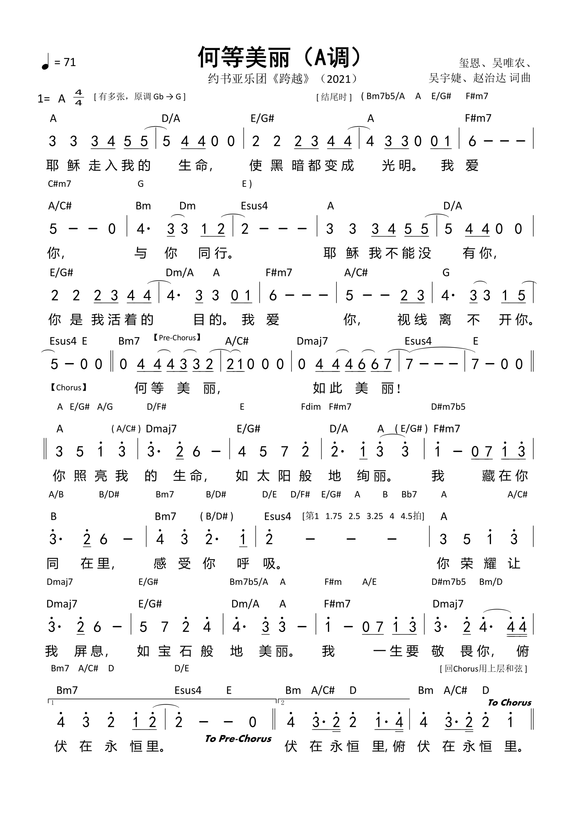 何等美丽（A调）和弦简谱 第 1 页