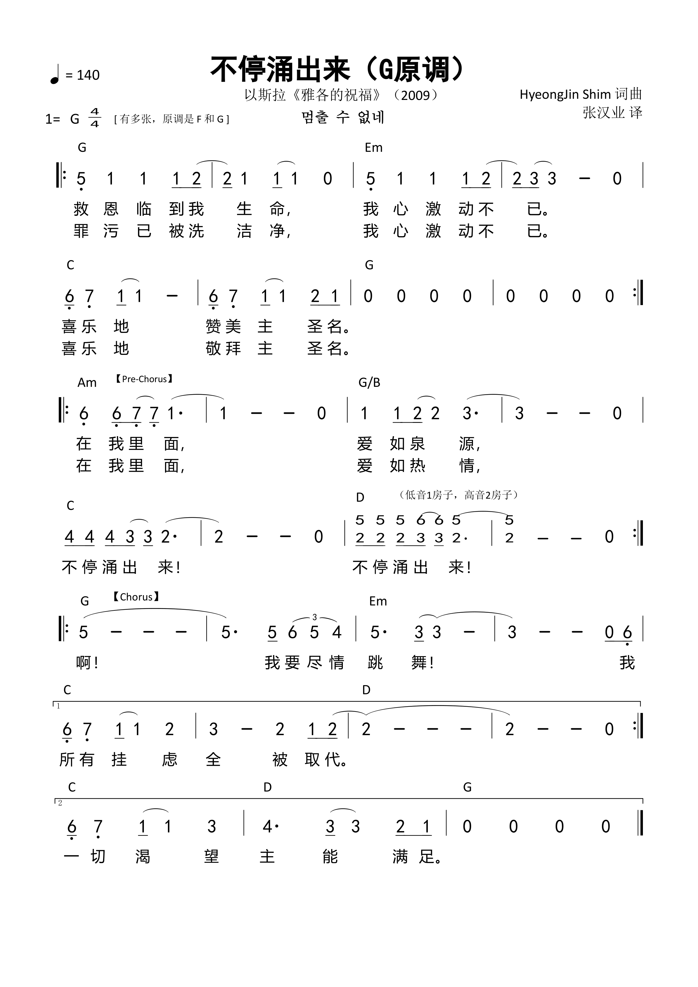 不停涌出来（G原调）和弦简谱 第 1 页