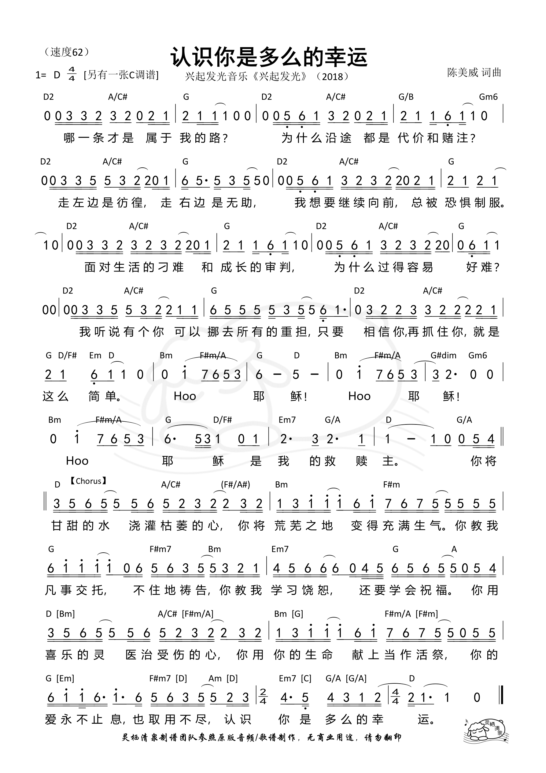 认识你是多么的幸运（D调）和弦简谱 第 1 页