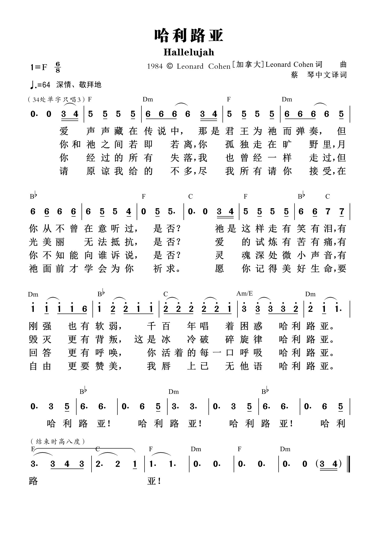 哈利路亚（蔡琴） 和弦简谱 第 1 页