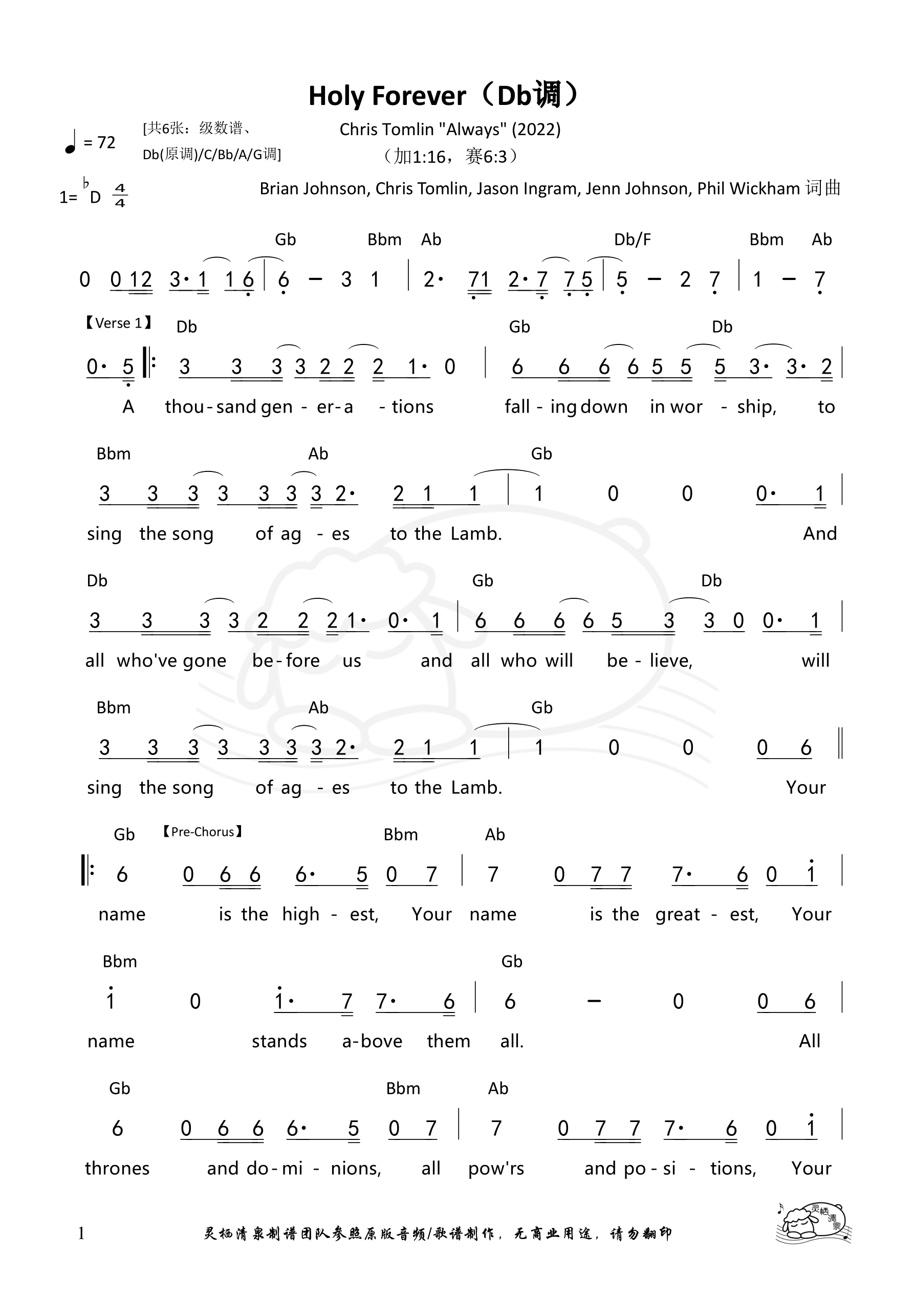 Holy Forever (Db key) 和弦简谱 第 1 页