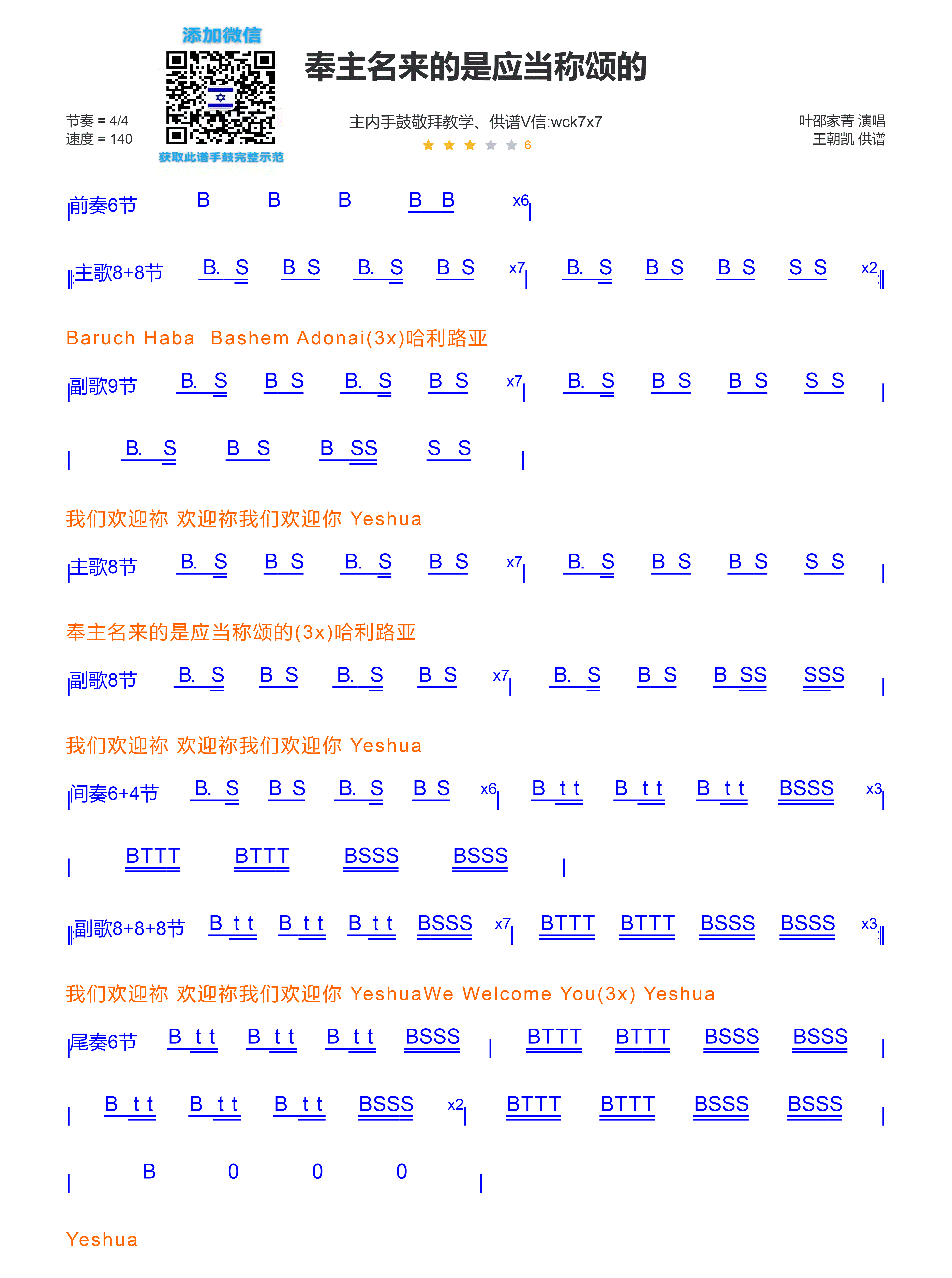 奉主名来的是应当称颂的 非洲鼓/箱鼓鼓谱 第 1 页