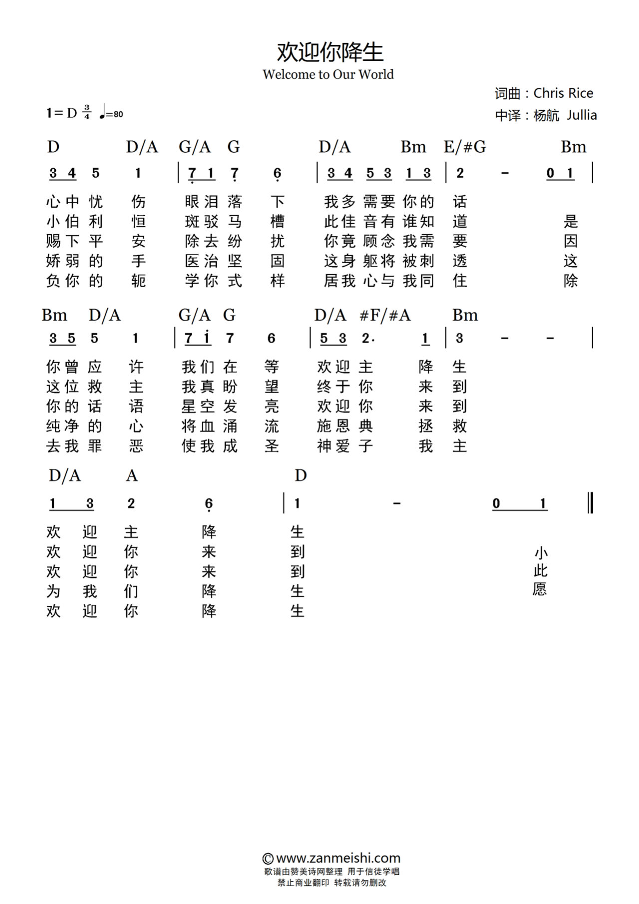 欢迎你降生 官方和弦简谱 第 1 页